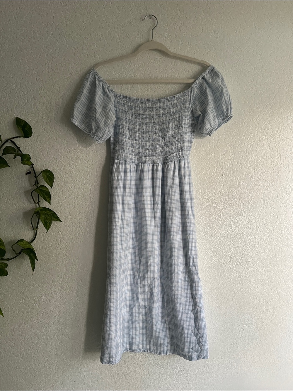 Jessica Simpson Light Blue Plaid Smocked Midi Dress